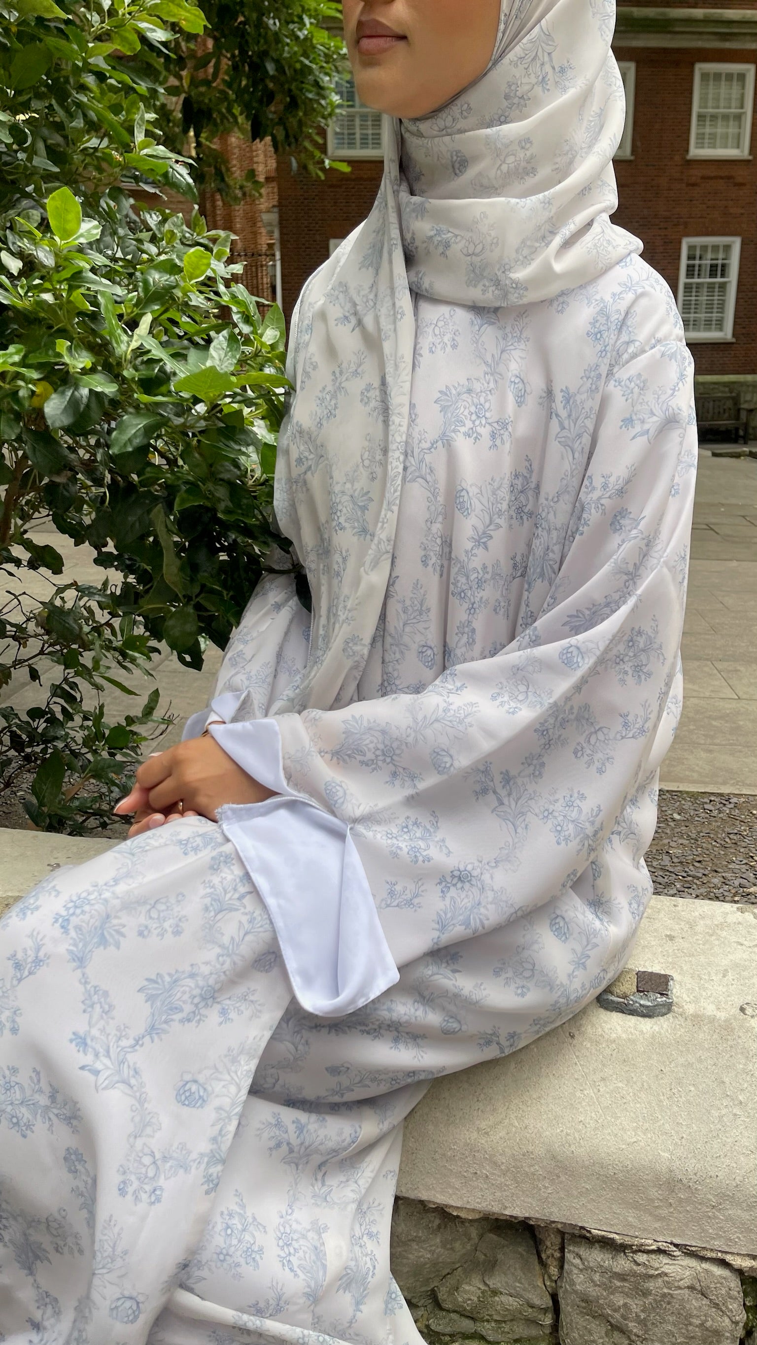 Parisian abaya- French blue Elegant Modest Chiffon Abaya & Hijab Set | Luxury Floral Print Abaya for Women