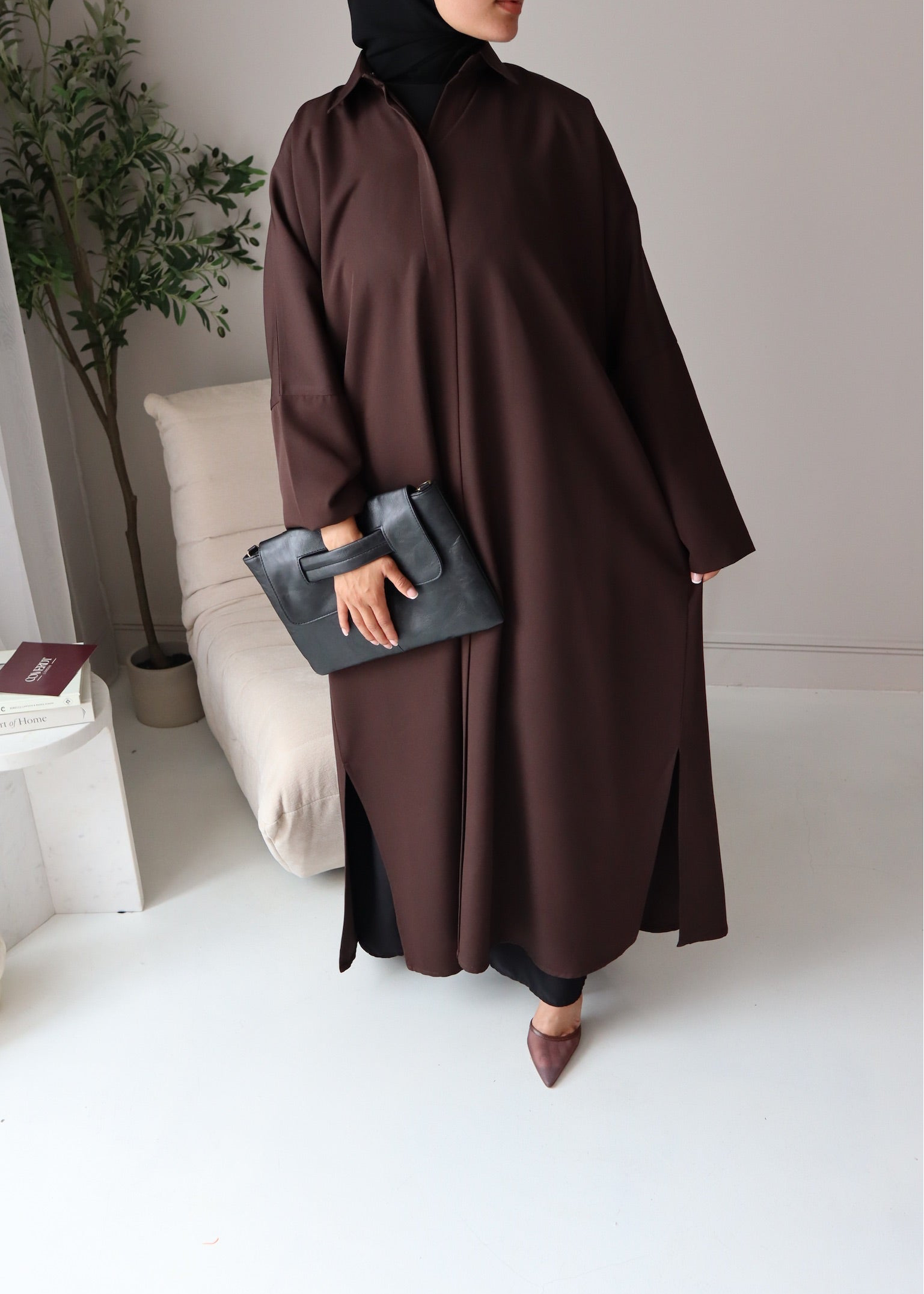 Relaxed Fit Shirt Abaya-Chocolate Brown