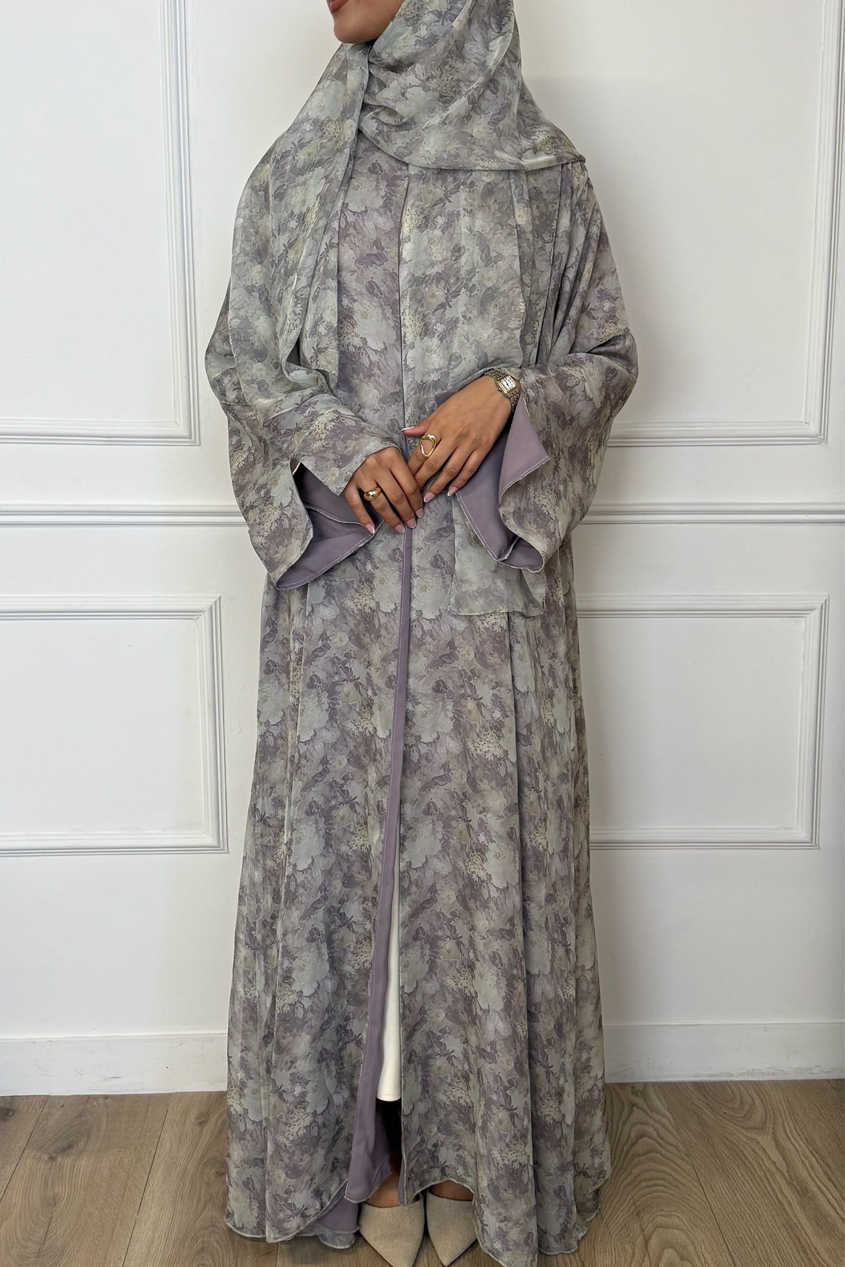 Soleil - Lavender Summer Abaya – Flowy Chiffon with Floral Print & Matching Hijab
