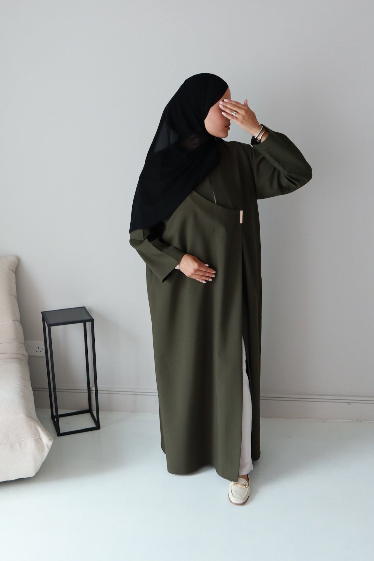 Elise Clip Abaya – Elegant Draped Modest Wear in premium Fabric| Deep Olive