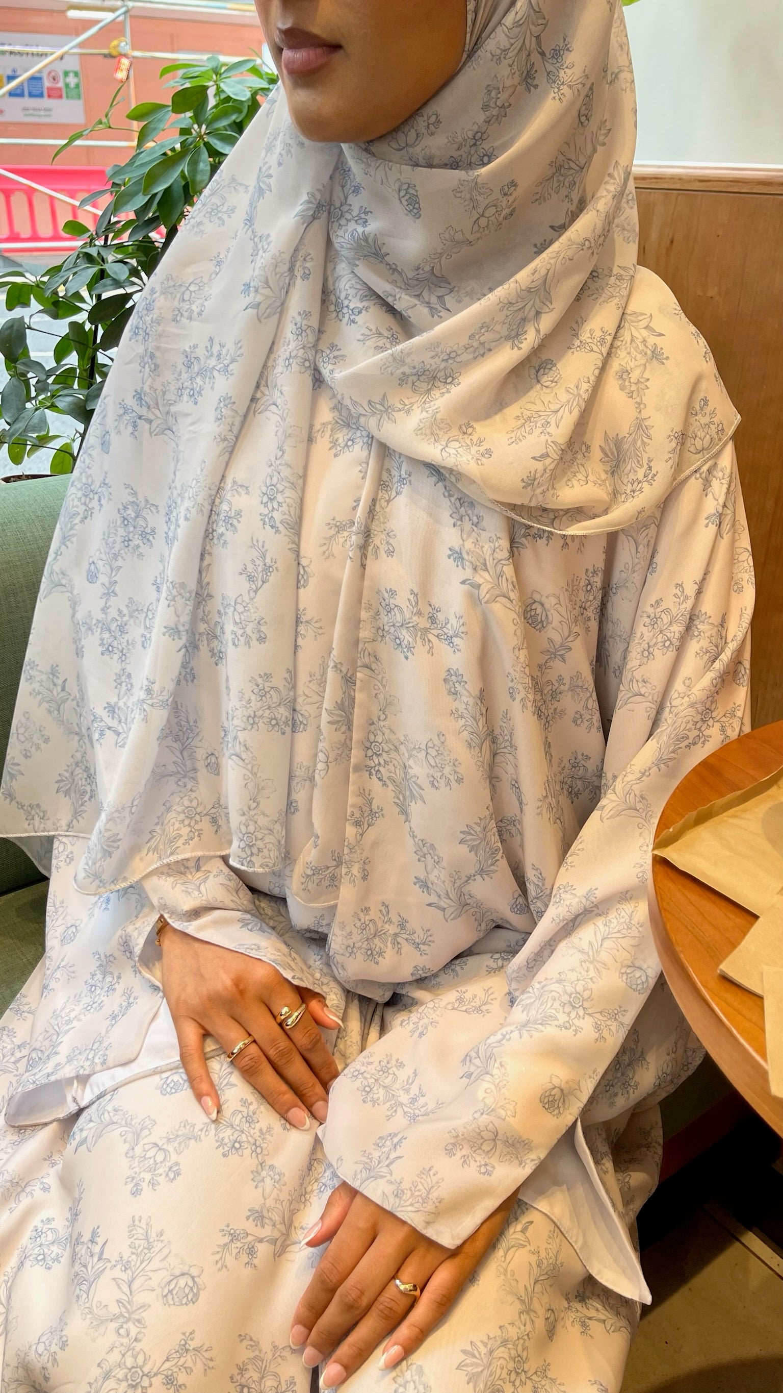 Parisian abaya- French blue Elegant Modest Chiffon Abaya & Hijab Set | Luxury Floral Print Abaya for Women