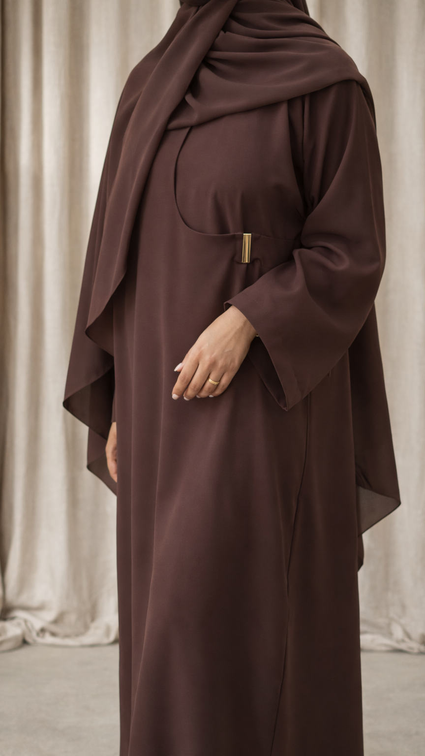 Elise Clip Abaya – Elegant Draped Modest Wear in premium Fabric| Deep Brown