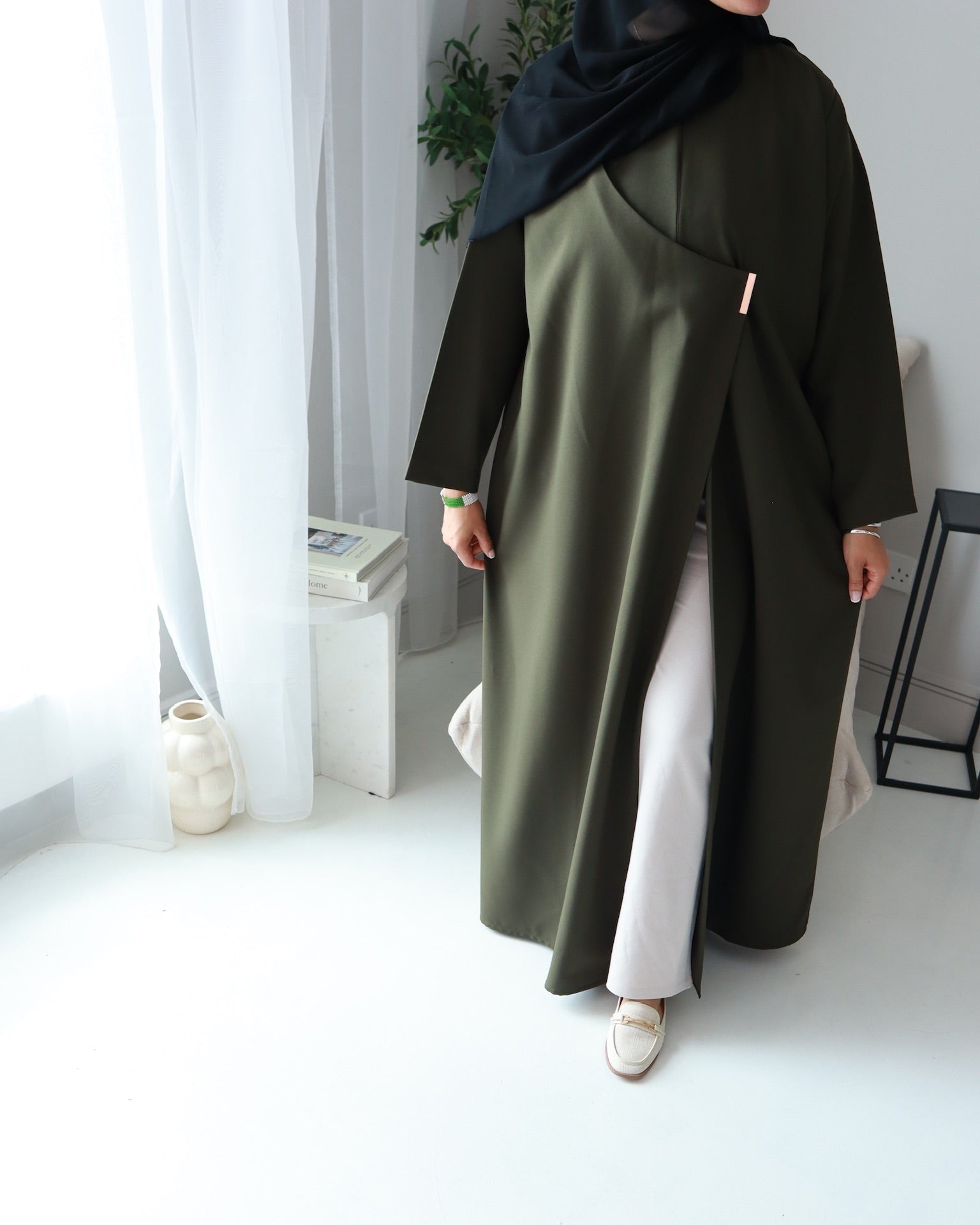 Elise Clip Abaya – Elegant Draped Modest Wear in  premium Fabric| Deep Olive