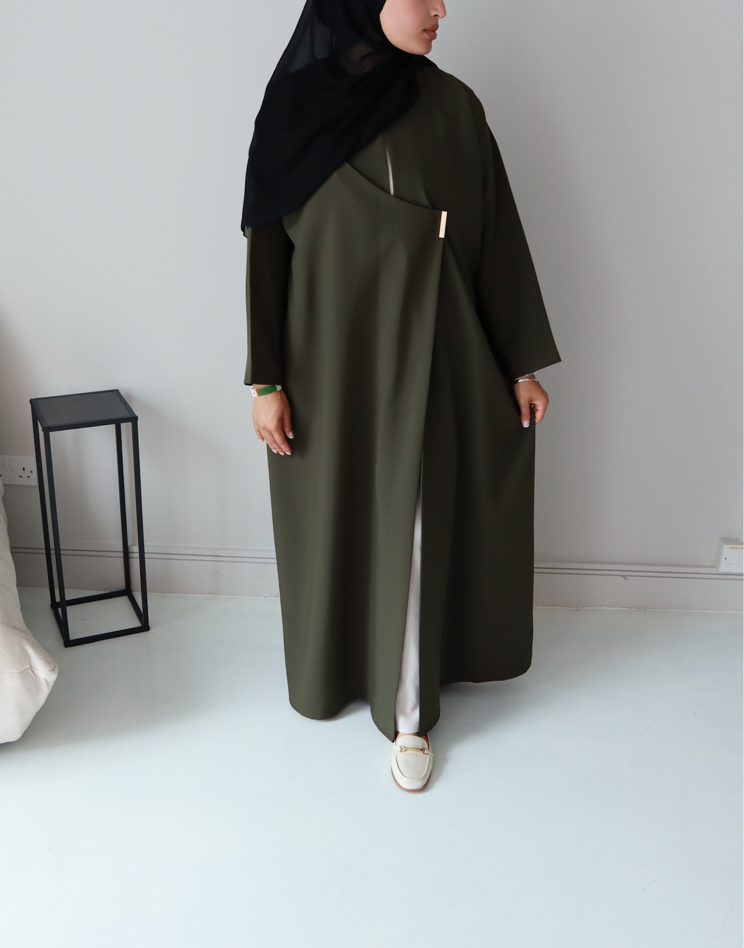 Elise Clip Abaya – Elegant Draped Modest Wear in  premium Fabric| Deep Olive