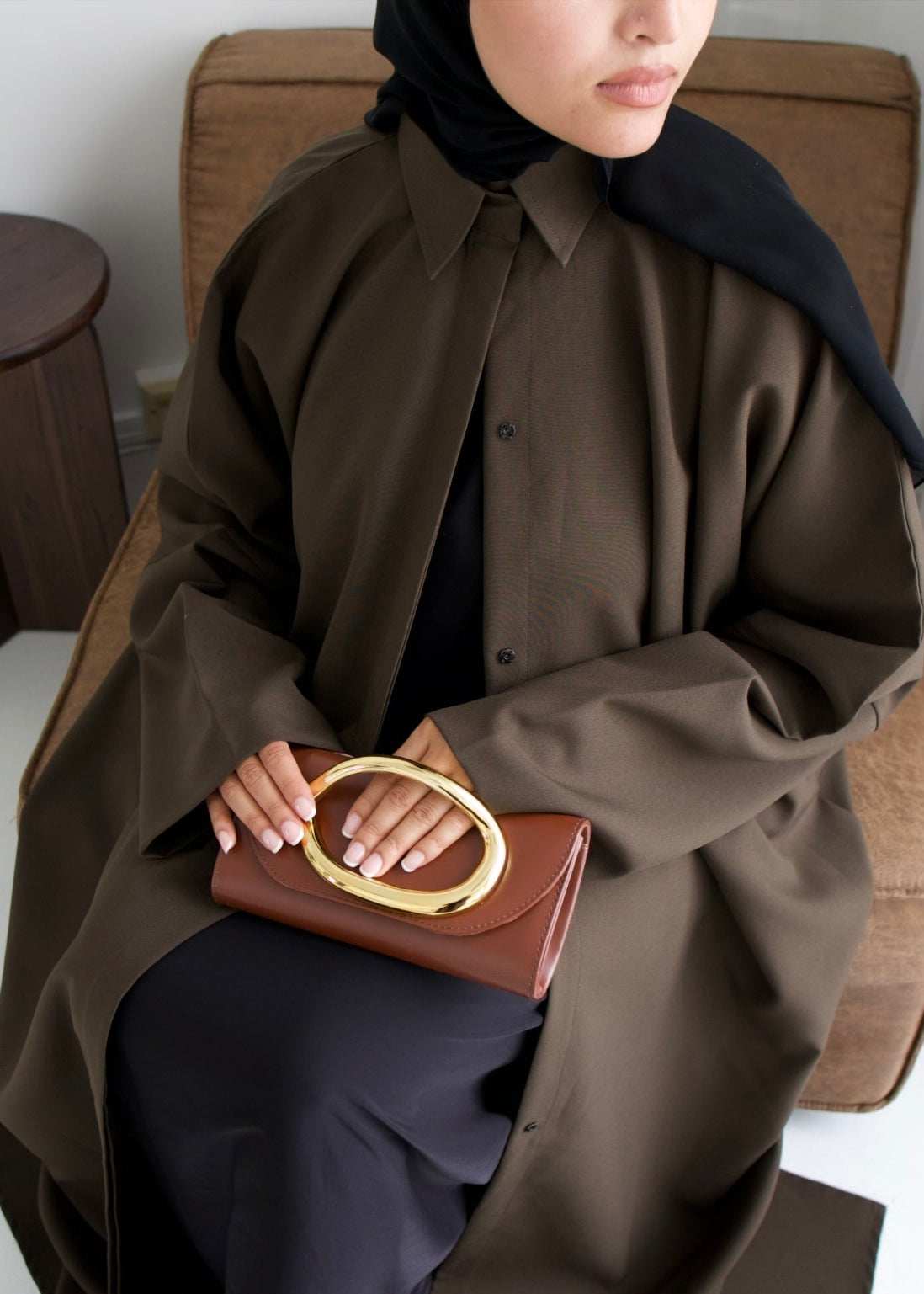 Relaxed Fit Shirt Abaya - Khaki