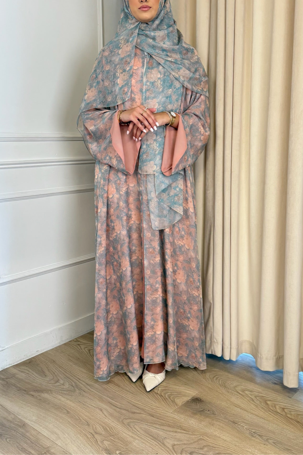 Cotton Candy summer abaya – Flowy Chiffon with Floral Print & Matching Hijab