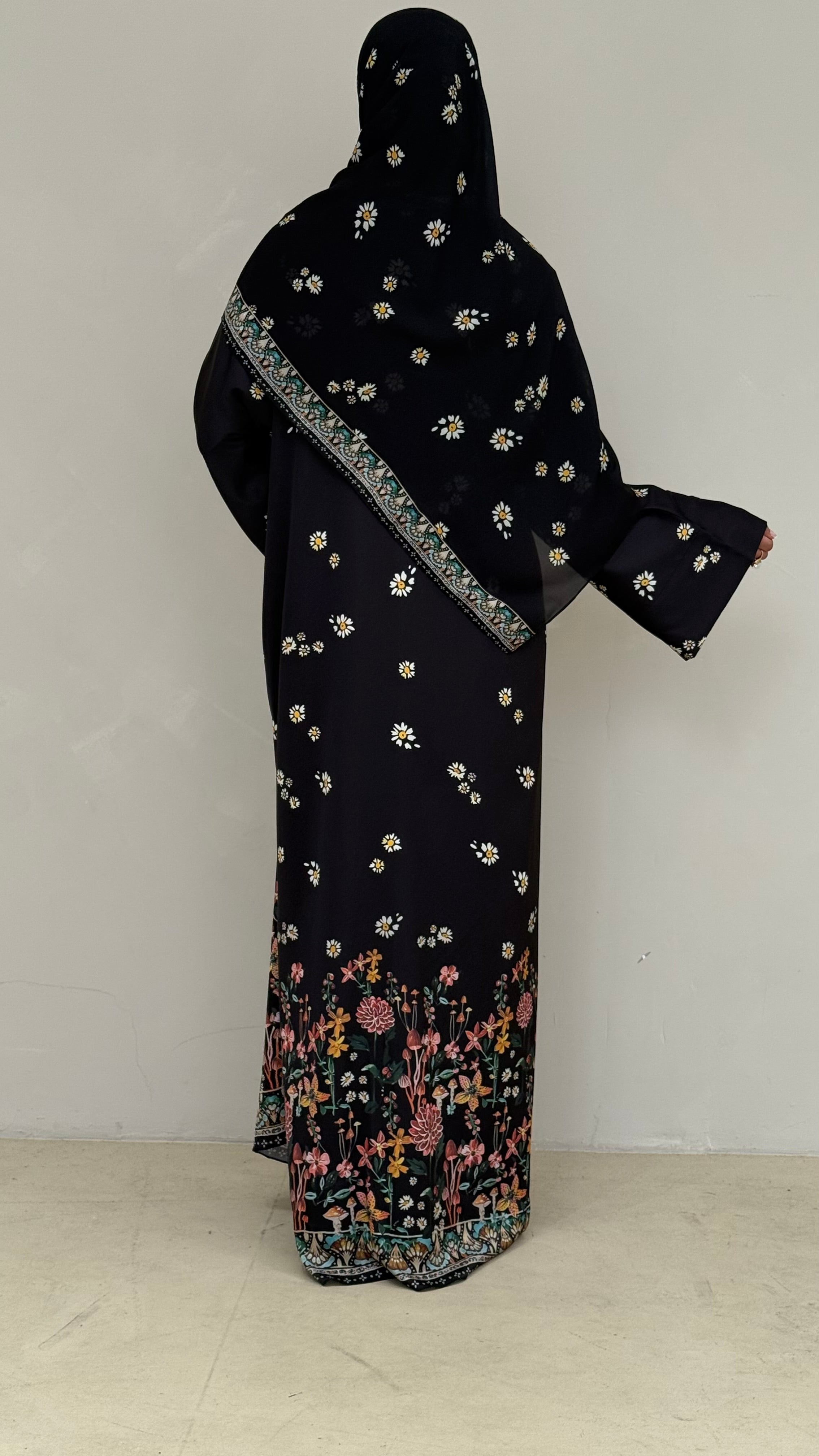 Midnight Daisy Premium Printed Abaya & Matching Hijab