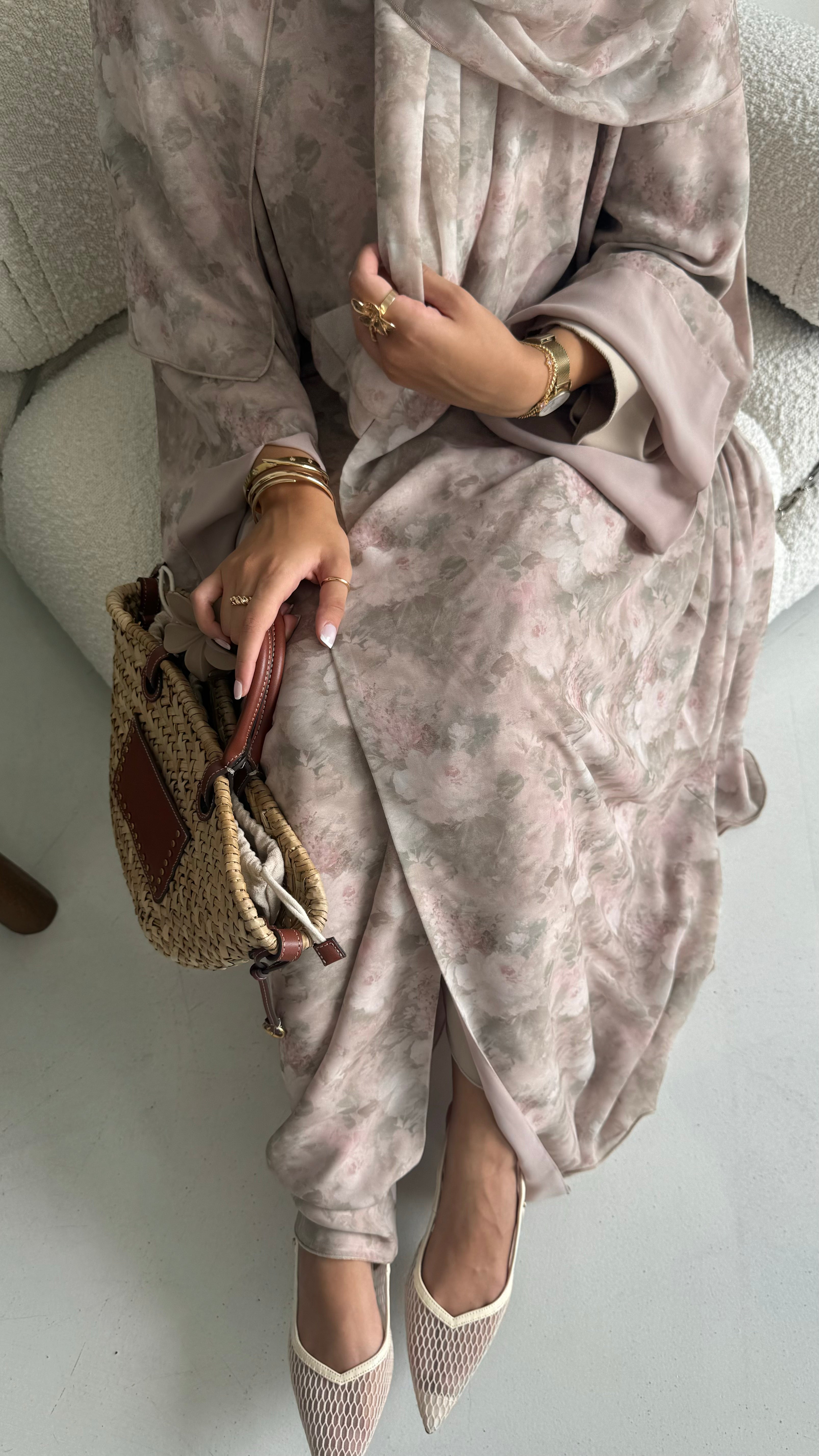 Soleil - Blushing Sage Floral Printed Abaya with Matching Scarf