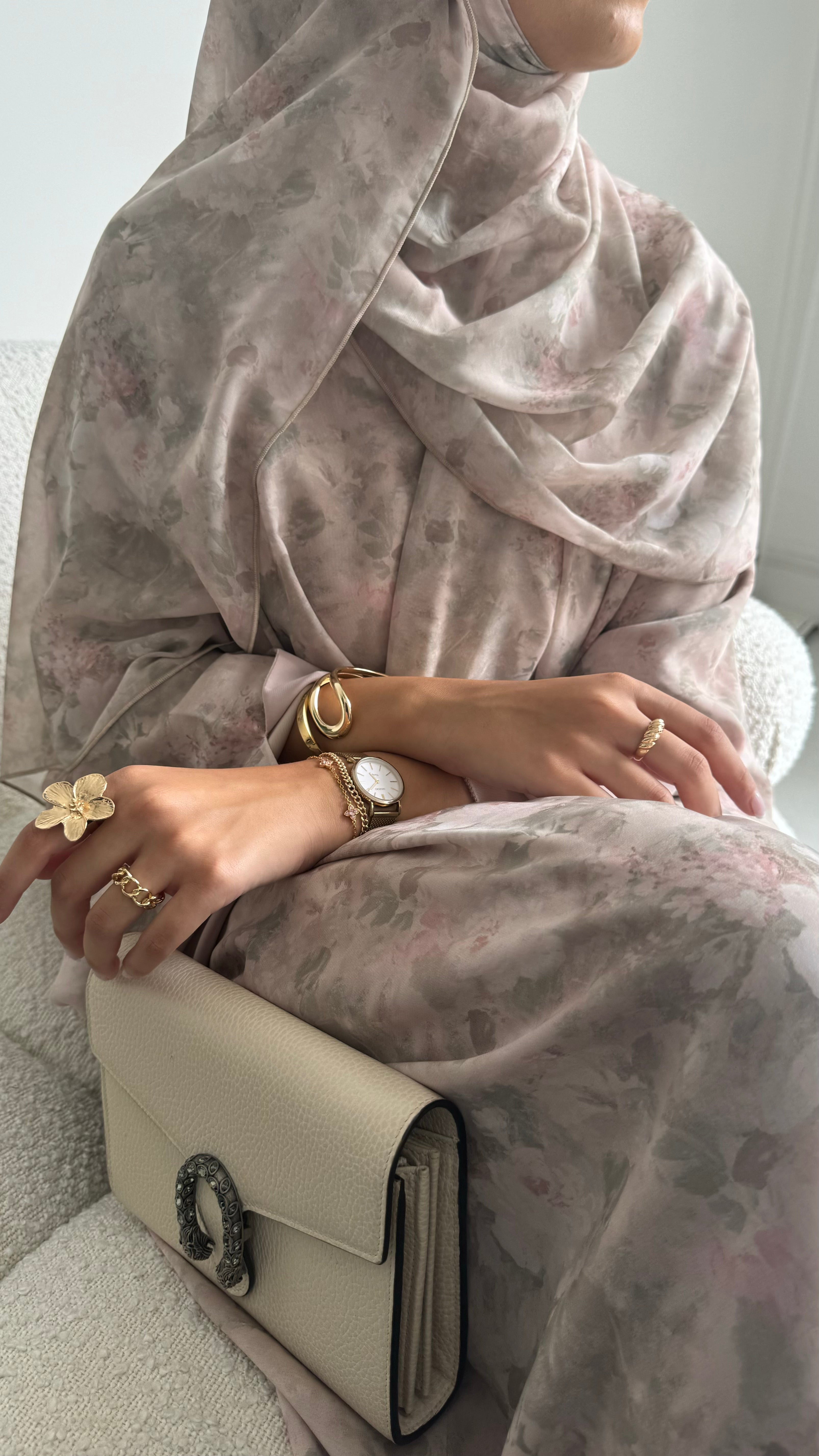 Soleil - Blushing Sage Floral Printed Abaya with Matching Scarf