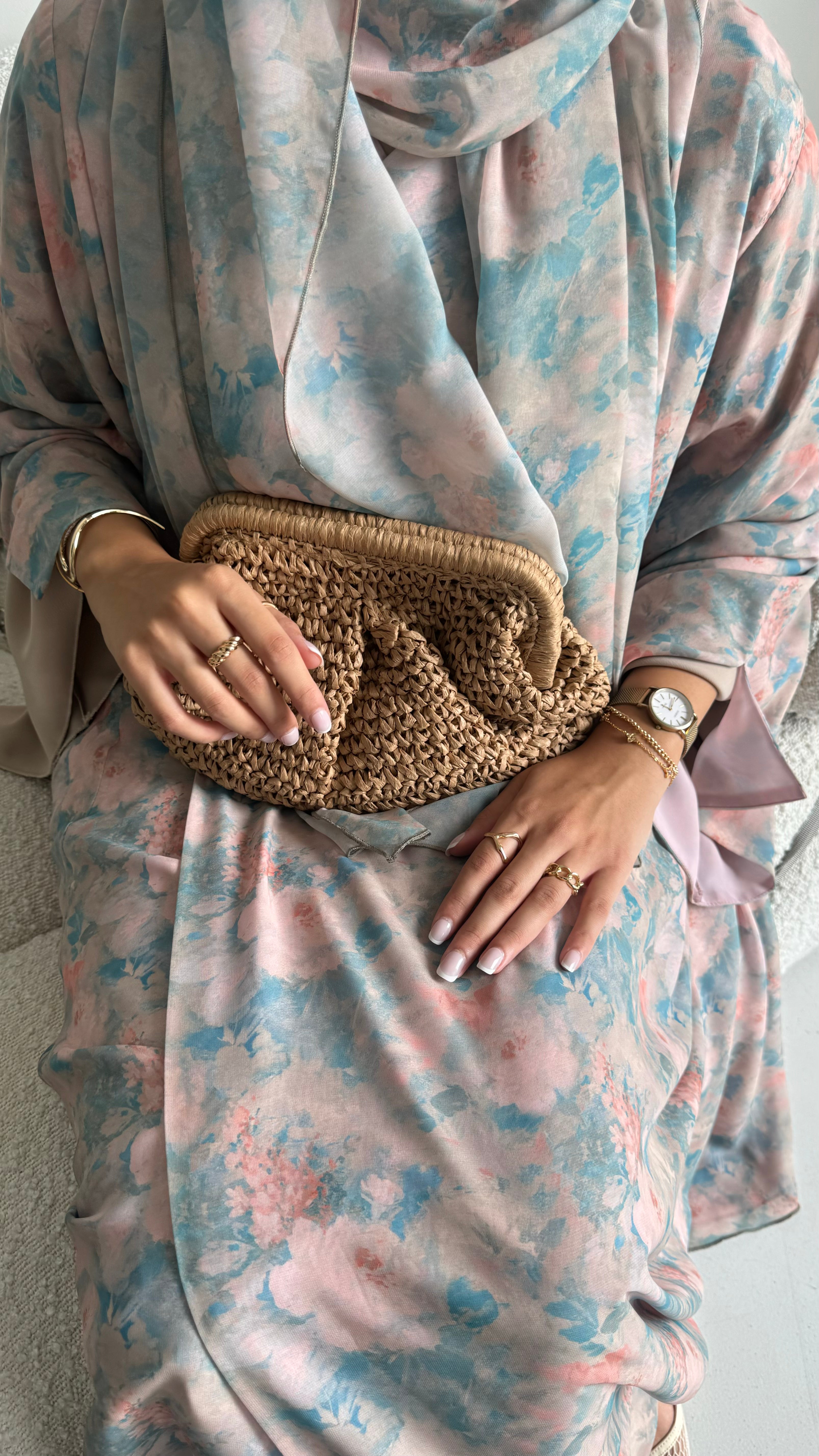 Soleil - Cotton Candy summer abaya – Flowy Chiffon with Floral Print & Matching Hijab