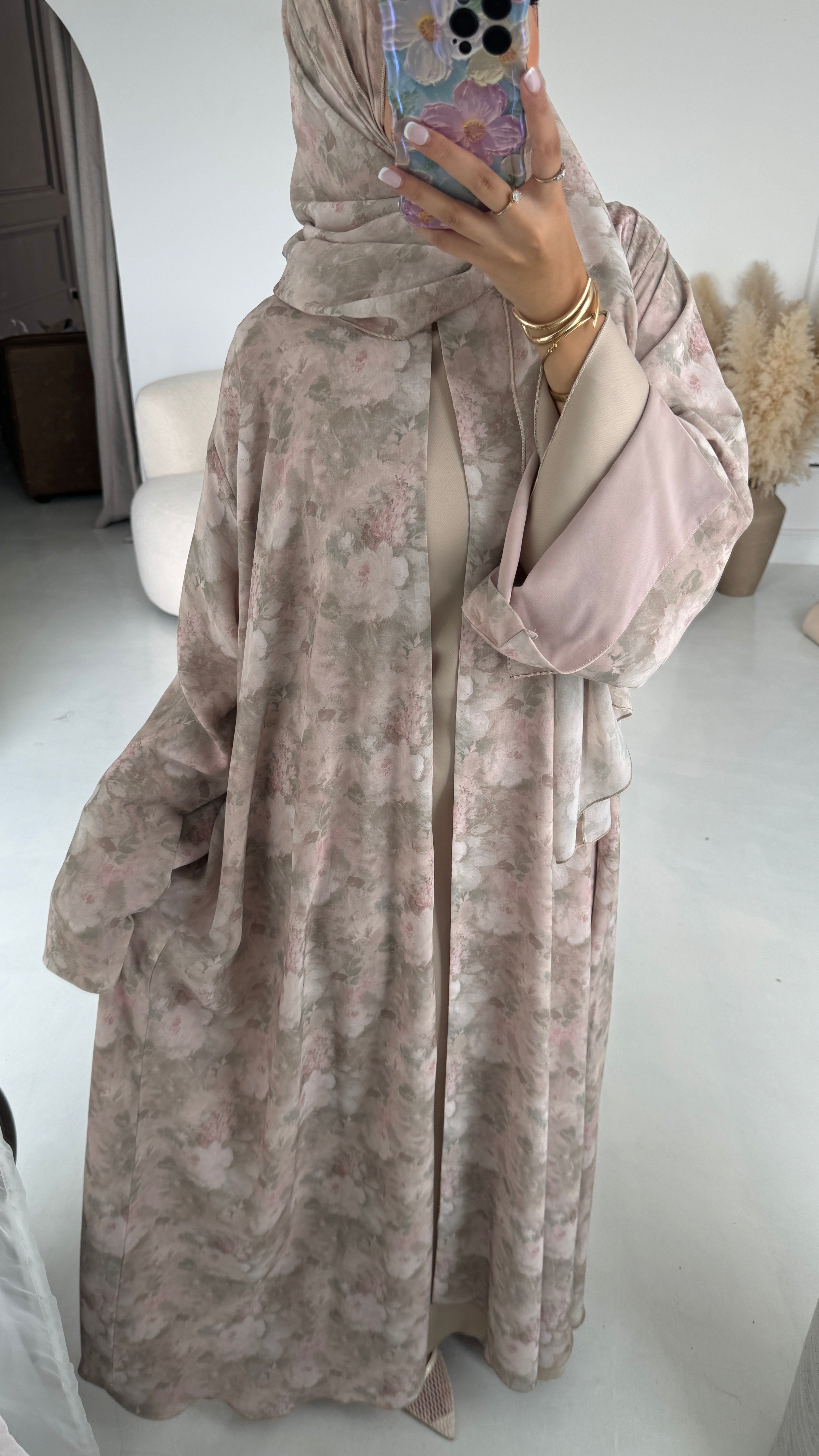 Soleil - Blushing Sage Floral Printed Abaya with Matching Scarf